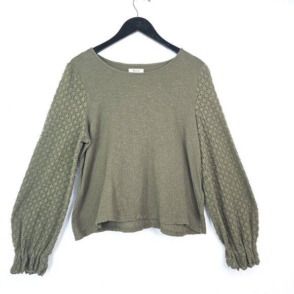 Madewell Olive Green Puff Long Sleeve Eyelet Boxy Fit Scoop Neck Slouchy Top - Picture 1 of 7